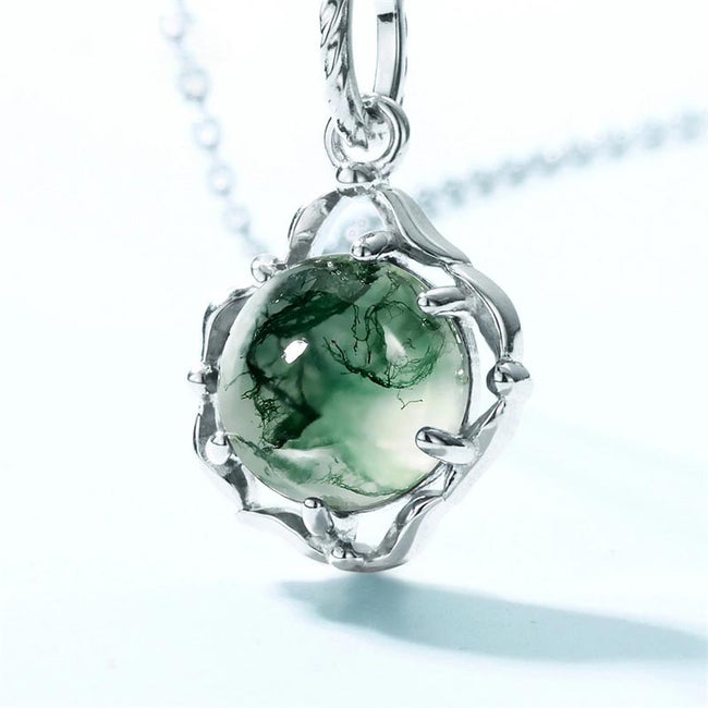 925 Sterling Sliver Pendant Necklace for Women Natural 8*8mm Green Moss Agate Unique Healing Stone Wedding Jewelry Gift