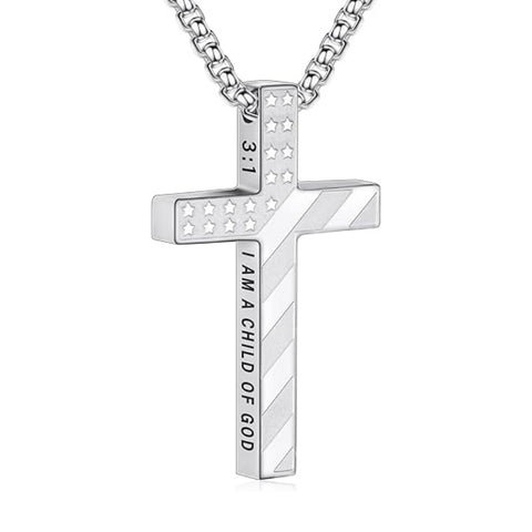 14K Gold Plated Bible Verse American Flag Cross Necklac for Men