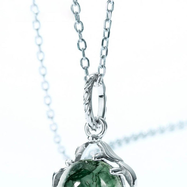925 Sterling Sliver Pendant Necklace for Women Natural 8*8mm Green Moss Agate Unique Healing Stone Wedding Jewelry Gift