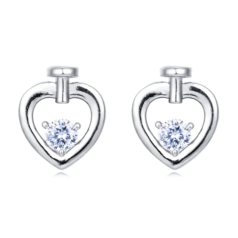 925 Sterling Silver Elegant Silver Heart-shaped Stud Earrings With Sparkling Central Moissanite