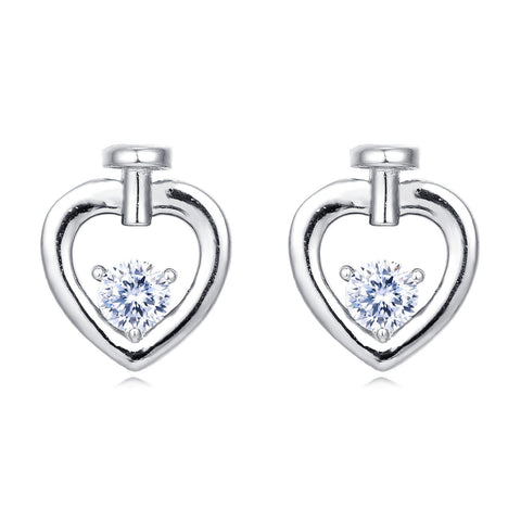 925 Sterling Silver Elegant Silver Heart-shaped Stud Earrings With Sparkling Central Moissanite