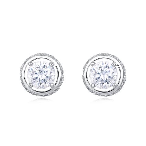 925 Sterling Silver Elegant Silver Moissanite Halo Stud Earrings With Pavé Accents