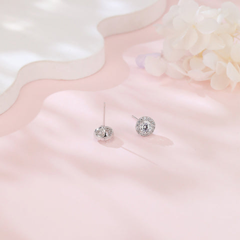925 Sterling Silver Classic Halo Moissanite Stud Earrings In Platinum