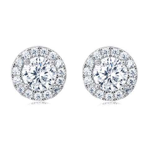 925 Sterling Silver Classic Halo Moissanite Stud Earrings In Platinum