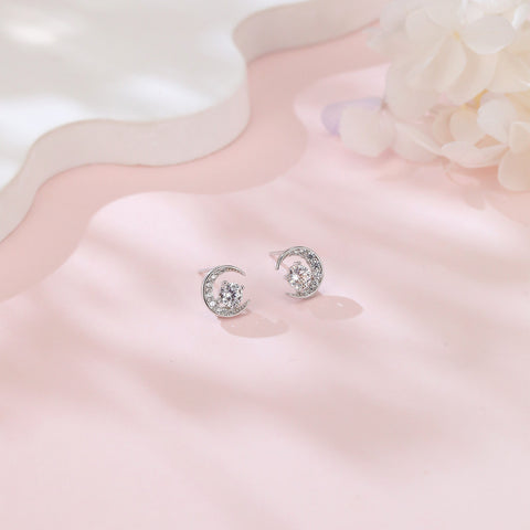 925 Sterling Silver Elegant Moonlight Moissanite Earrings In Plated with Plated with White Gold  Crescent Halo