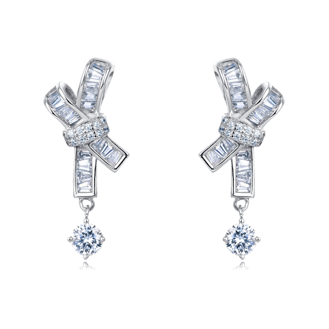 925 Sterling Silver Elegant Silver Moissanite Cross Earrings With Dangling Round Stones