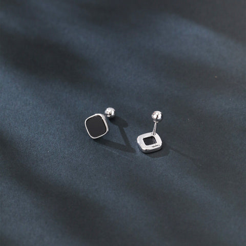 925 Sterling Silver Modern Black Geometric Earrings With Metallic Accent