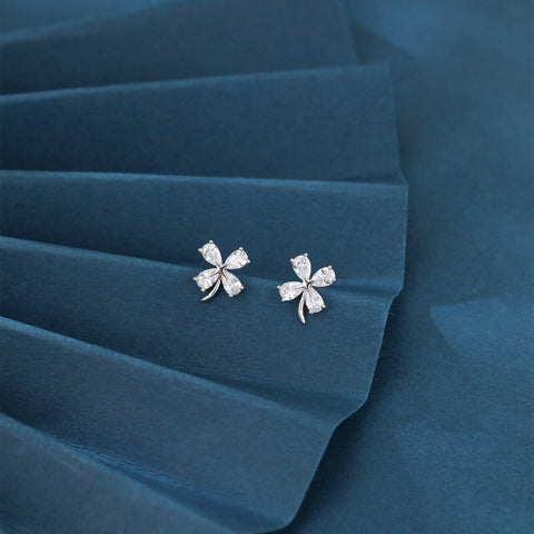 925 Sterling Silver Four-leaf Clover Cubic Zirconia Stud Earrings In Sterling Silver