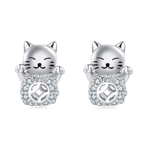 925 Sterling Silver Silver Zircon Lucky Cat Earrings – Adorable Charm With Sparkling Accents