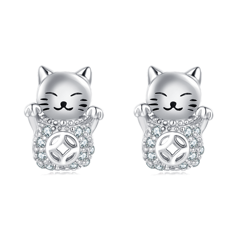 925 Sterling Silver Silver Zircon Lucky Cat Earrings – Adorable Charm With Sparkling Accents