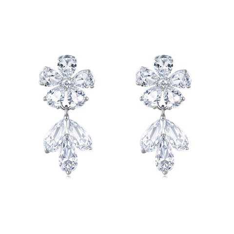 925 Sterling Silver Elegant Zircon Floral Earrings With Cascading Teardrops