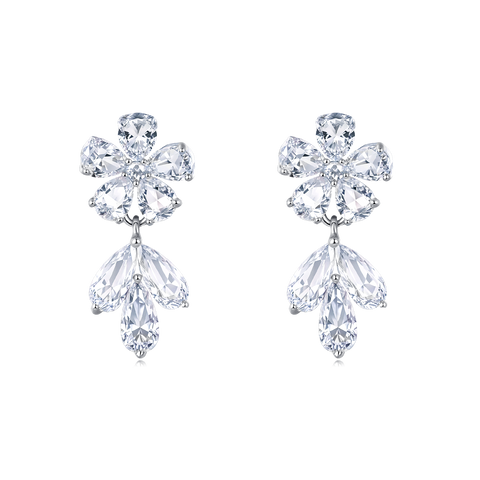 925 Sterling Silver Elegant Zircon Floral Earrings With Cascading Teardrops