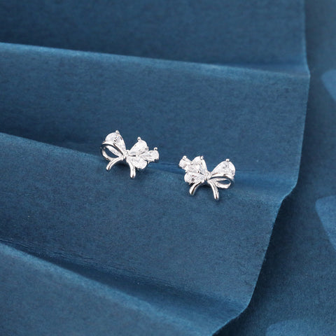925 Sterling Silver Elegant Zircon Bow Stud Earrings – Luxurious Sterling Silver Jewelry