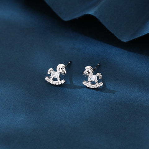 925 Sterling Silver Rocking Horse Zircon Stud Earrings In Sterling Silver