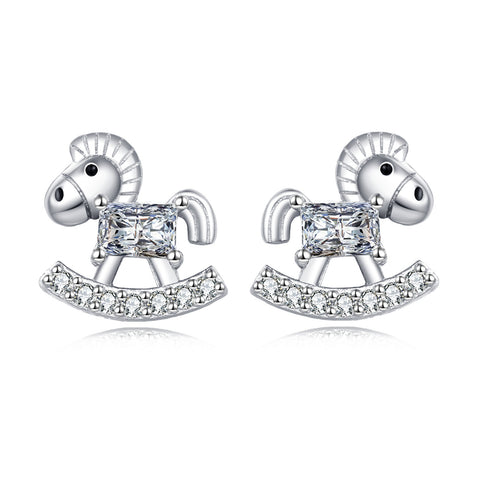 925 Sterling Silver Rocking Horse Zircon Stud Earrings In Sterling Silver
