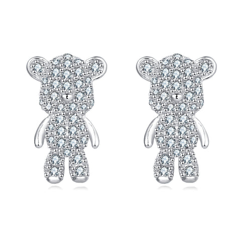 925 Sterling Silver Sparkling Silver Teddy Bear Earrings Embedded With Zircon Accents