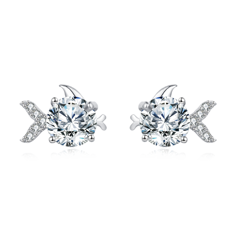 925 Sterling Silver Zircon Fish Stud Earrings With Central Round Cut Zircons