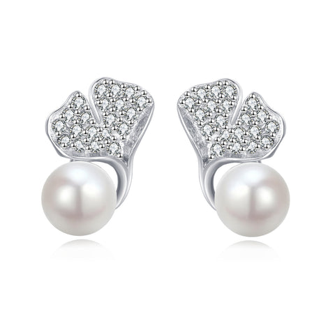 925 Sterling Silver Elegant Pearl Drop Earrings With Zircon-encrusted Leaf Accents