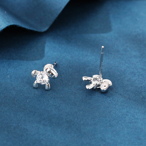 925 Sterling Silver Whimsical Silver Horse Stud Earrings With Zircon Accents