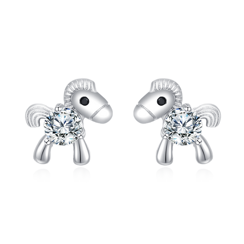 925 Sterling Silver Whimsical Silver Horse Stud Earrings With Zircon Accents