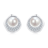 925 Sterling Silver Elegant Pearl & Zircon Halo Stud Earrings
