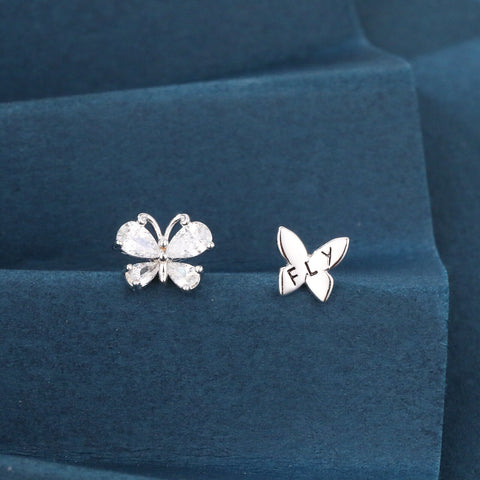 925 Sterling Silver Elegant Butterfly Zircon Earrings With Heart-shaped Gems In Sterling Silver