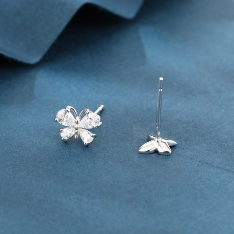 925 Sterling Silver Elegant Butterfly Zircon Earrings With Heart-shaped Gems In Sterling Silver