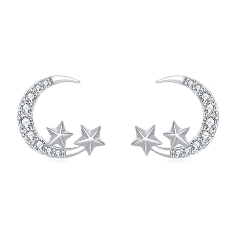 925 Sterling Silver Lunar Glamour: Celestial Silver Earrings With Zircon Stars
