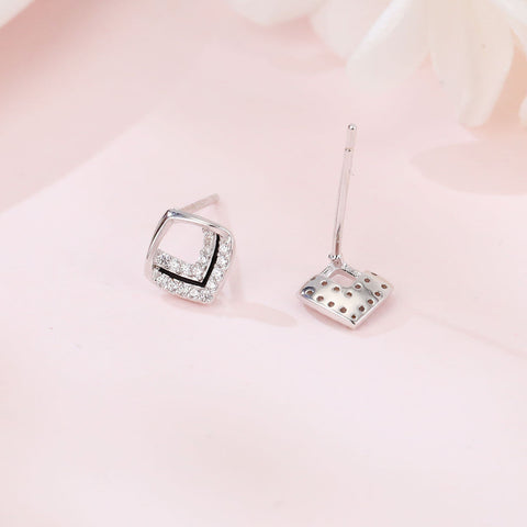 925 Sterling Silver Elegant Square Zircon Earrings With Black Enamel Accents In Sterling Silver