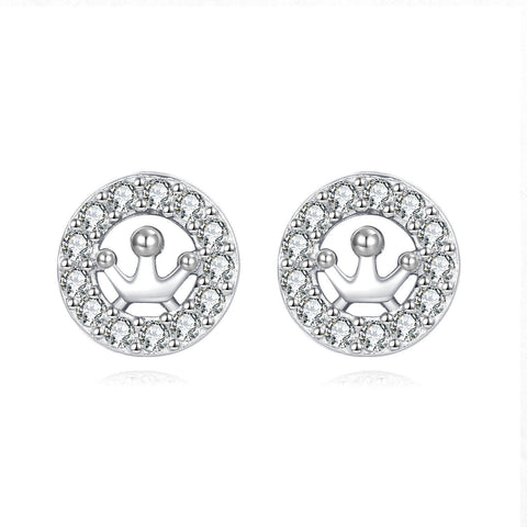 925 Sterling Silver Elegant Crown Motif Zircon Accent Stud Earrings In Sterling Silver
