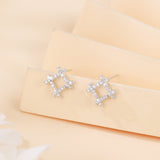 925 Sterling Silver Elegant Silver Geometric Zircon Stud Earrings With Floral Accent
