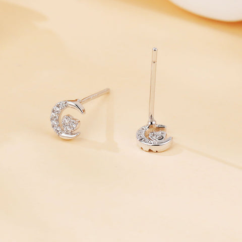 925 Sterling Silver Crescent Moon Heart Zircon Stud Earrings
