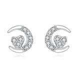 925 Sterling Silver Crescent Moon Heart Zircon Stud Earrings