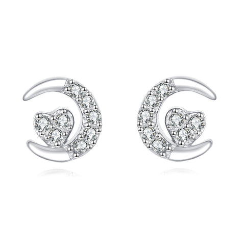 925 Sterling Silver Crescent Moon Heart Zircon Stud Earrings