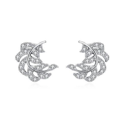 925 Sterling Silver Elegant Zircon-studded Leaf-shaped Silver Earrings