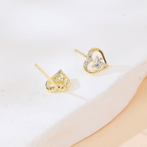 925 Sterling Silver Heart-shaped Zircon Gold Stud Earrings