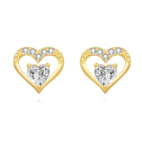 925 Sterling Silver Heart-shaped Zircon Gold Stud Earrings