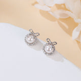 925 Sterling Silver Elegant Pearl Drop Earrings With Zircon Halo And Bow Accent