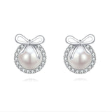 925 Sterling Silver Elegant Pearl Drop Earrings With Zircon Halo And Bow Accent