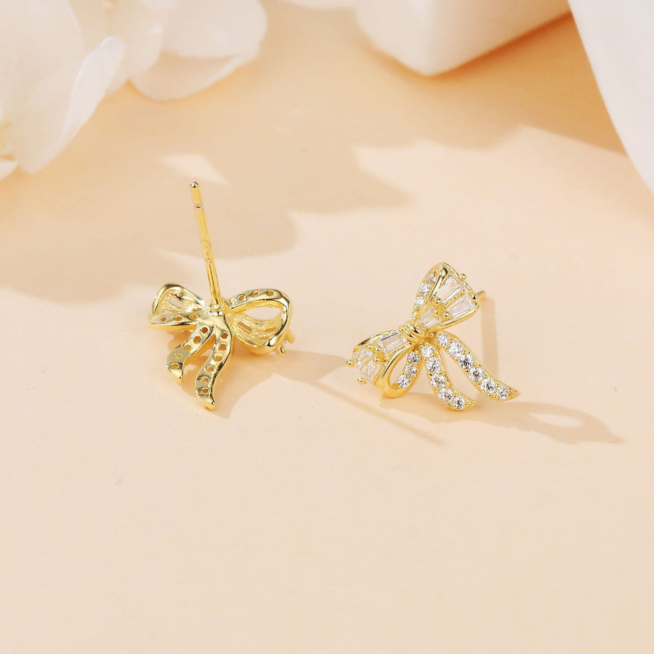 925 Sterling Silver Golden Bow Earrings With Zircon Accents: Elegant Luxury For Everyday Elegance