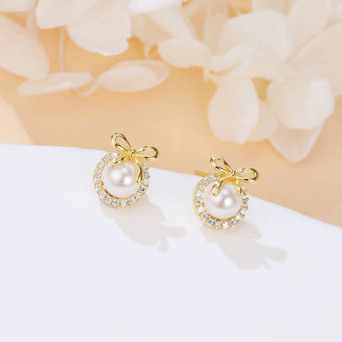 925 Sterling Silver Elegant Pearl Earrings With Zircon Accents And Gold Bow Design