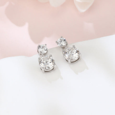 925 Sterling Silver Elegant Double Moissanite Silver Stud Drop Earrings