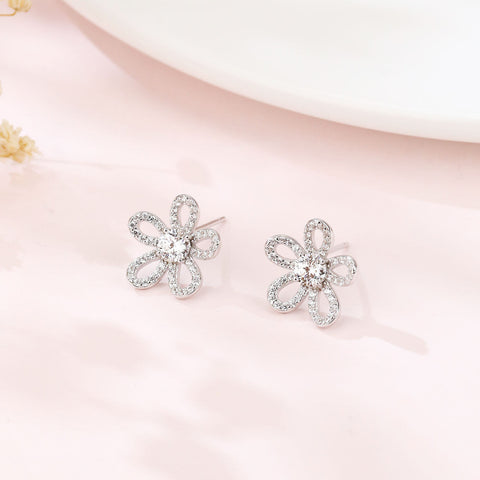 925 Sterling Silver Elegant Moissanite Flower Stud Earrings | Sparkling Silver Jewelry