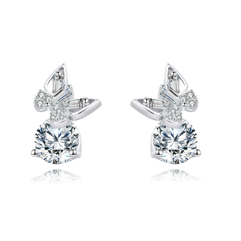 925 Sterling Silver Elegant Moissanite Stud Earrings With Silver Butterfly Design And Sparkling Accents