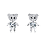925 Sterling Silver Cute Silver Bear Stud Earrings With Moissanite Accents
