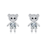 925 Sterling Silver Cute Silver Bear Stud Earrings With Moissanite Accents