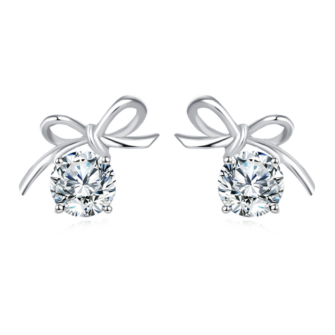 925 Sterling Silver Elegant Silver Bow Earrings With Sparkling Central Stones