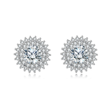 925 Sterling Silver Elegant Silver Floral Stud Earrings With Central Moissanite & Petite Gems
