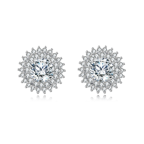 925 Sterling Silver Elegant Silver Floral Stud Earrings With Central Moissanite & Petite Gems