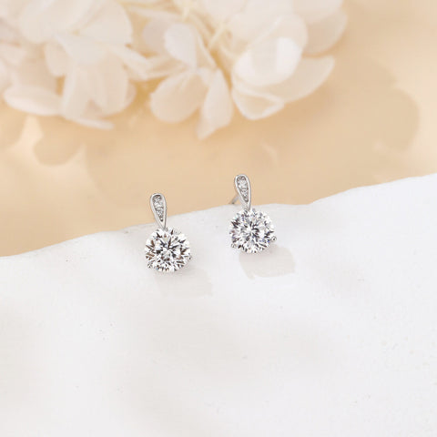 925 Sterling Silver Elegant Plated with White Gold Moissanite Stud Earrings With Floral Accent